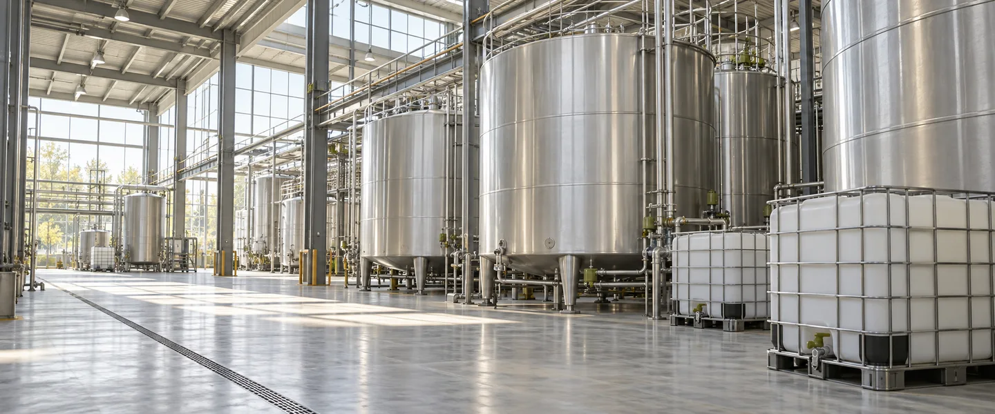 AI-generated illustration of an industrial hall with raw material storage tanks